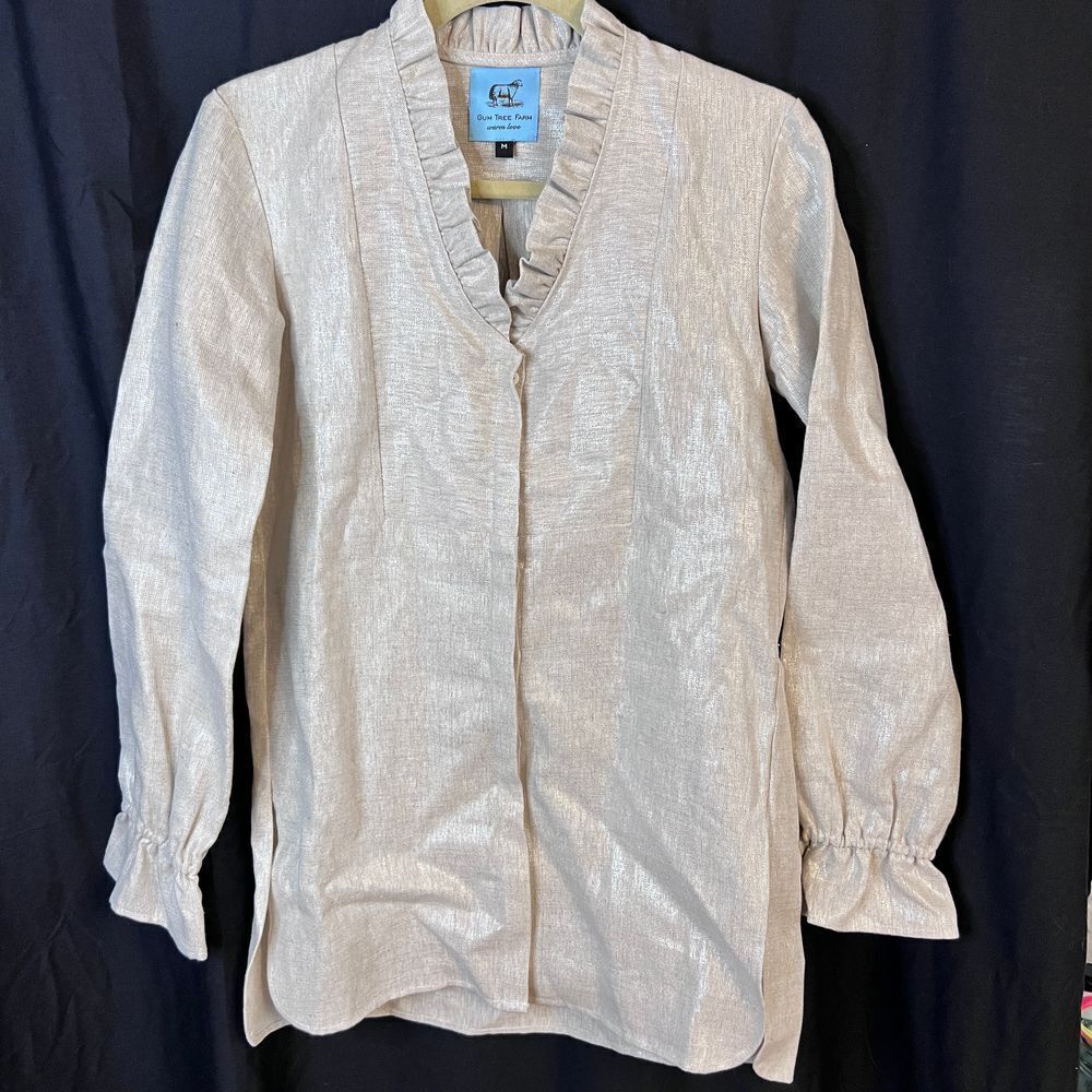 Gum Tree Farms Women's Linen Ruffle tunic Silvery Beige Size Medium‎ long sleeve